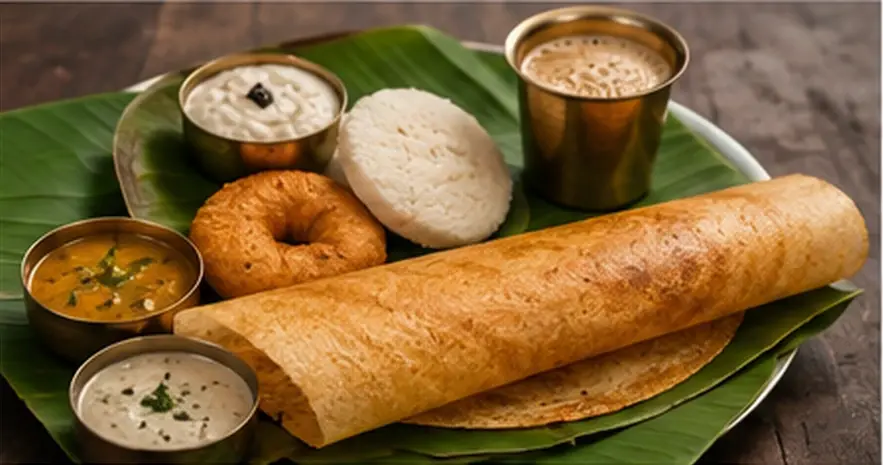 Traditional Kerala breakfast with dosa puttu and filter coffee in Kochi